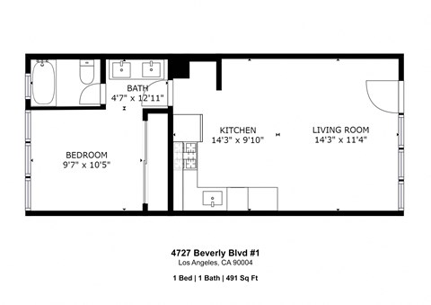 Floor plan for 1 bed, 1 bath, 677 sqft